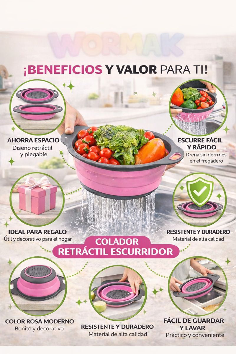 Colador Rosa Retráctil con Escurridor