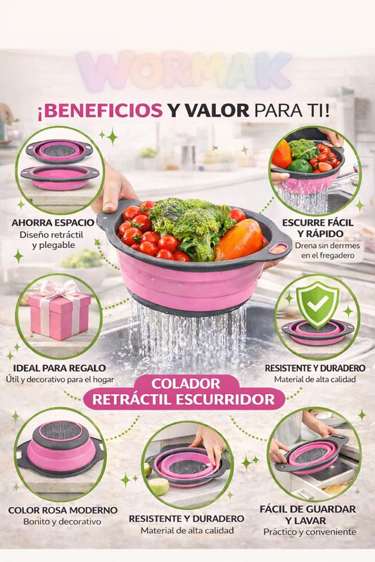 Colador Rosa Retráctil con Escurridor